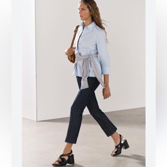 Zara Slim Fit Poplin Cotton Shirt Light Blue below-the-elbow sleeves ZW XS NWT - Picture 5 of 16